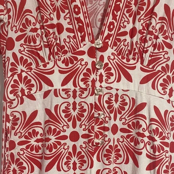 Anthropologie FARMRIO Linen Blend Red and White Patterned Jumpsuit